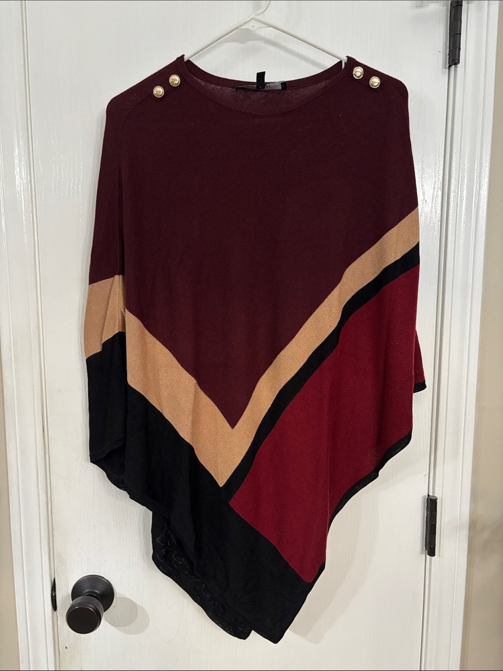 White House Black Market Burgundy, Black & Tan Colorblock Poncho Sweater